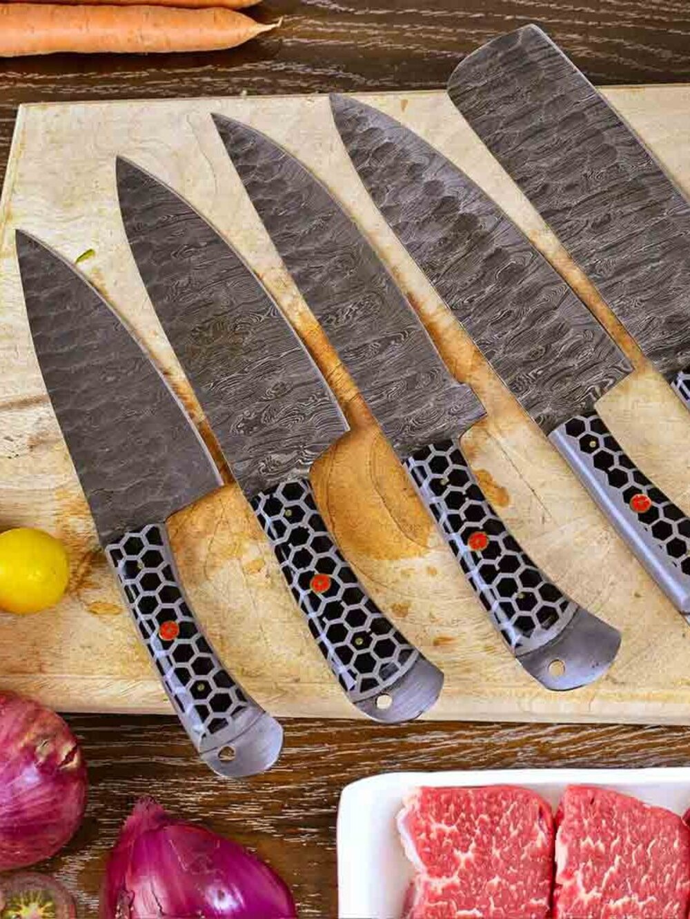 Damascus Chef Knife Set 5PC Honeycomb Handle Kitchen Knives